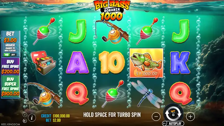 Big Bass Bonanza 1000 spin 1 - opening position with money fish showing $1,000.00 face value on reel 4