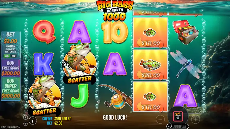 Big Bass Bonanza 1000 spin 392 - two scatter symbols visible, Second Chance mechanic eligible
