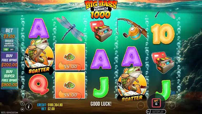 Big Bass Bonanza 1000 spin 830 - base game with one scatter and money fish on reels 2 and 3