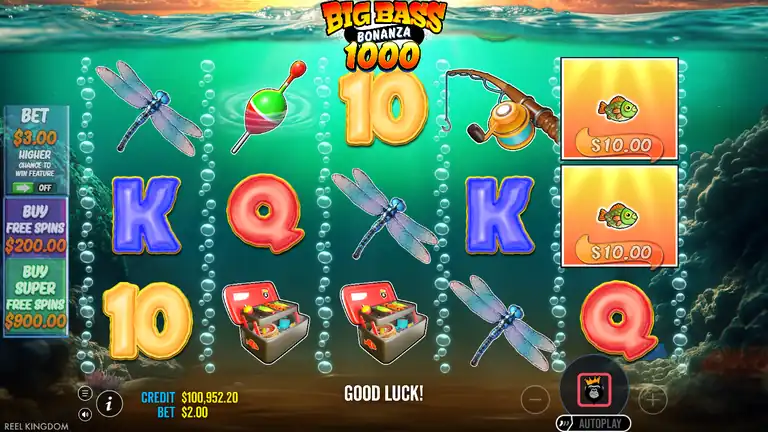 Big Bass Bonanza 1000 spin 1638 - session close, Good Luck message displayed with money fish visible