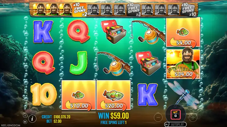 Big Bass Bonanza 1000 Free Spins - Fisherman Wild collecting money fish, WIN $59.00 shown, FREE SPINS LEFT 1