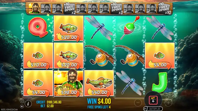 Big Bass Bonanza 1000 retrigger Free Spins - Fisherman Wild, high-value money fish, WIN $4.00, 4 spins left