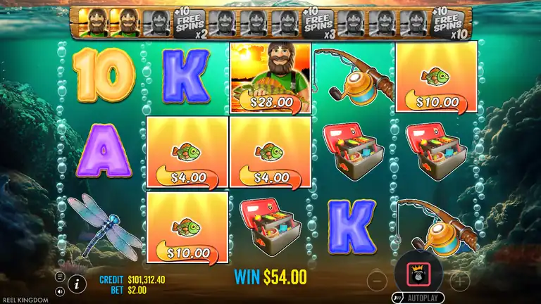 Big Bass Bonanza 1000 Free Spins - Fisherman Wild collecting money fish, WIN $54.00, retrigger tiers x2/x3/x10